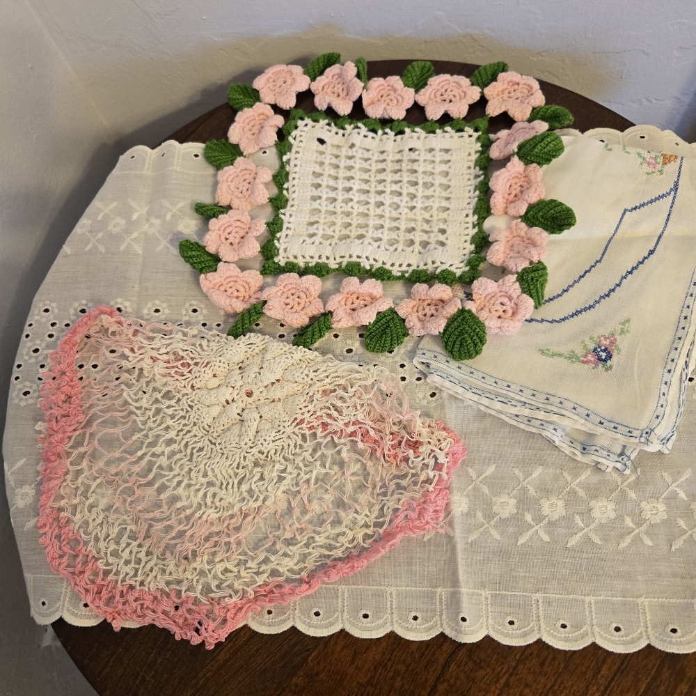Handcrafted Floral Crochet Doily Set - Pink and Green